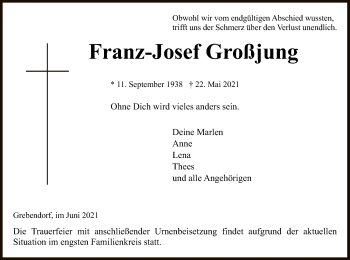 Traueranzeige von Franz-Josef Großjung von WRS