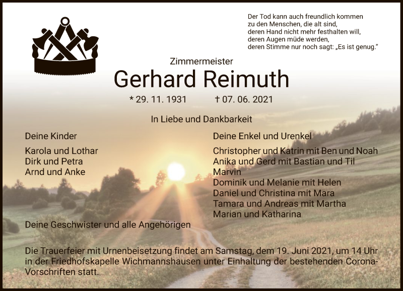  Traueranzeige für Gerhard Reimuth vom 16.06.2021 aus WRS