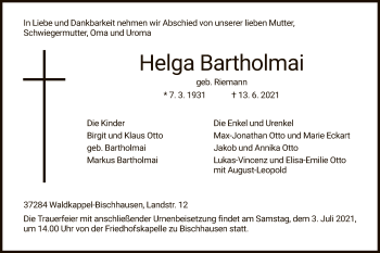 Traueranzeige von Helga Bartholmai von WRS