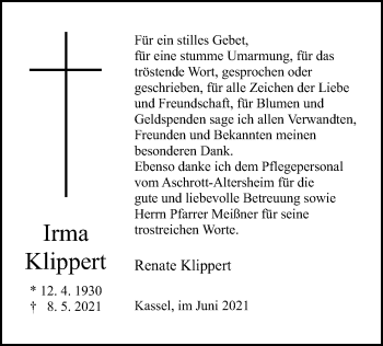 Traueranzeige von Irma Klippert von HNA