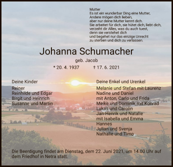 Traueranzeige von Johanna Schumacher von WRS