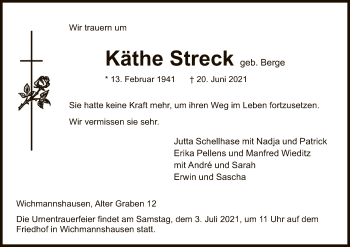 Traueranzeige von Käthe Streck von WRS