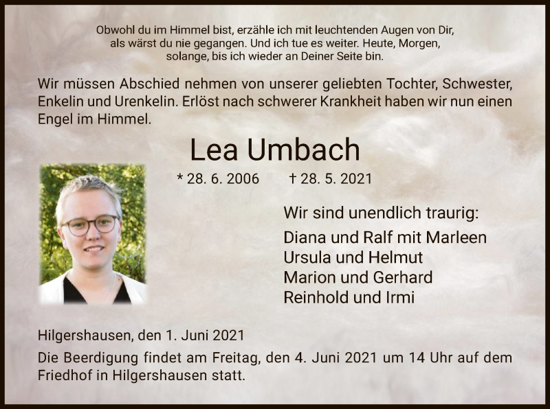  Traueranzeige für Lea Umbach vom 01.06.2021 aus HNA