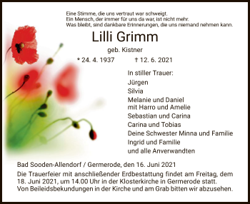 Traueranzeige von Lilli Grimm von WRS