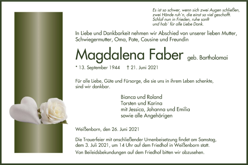  Traueranzeige für Magdalena Faber vom 26.06.2021 aus WRS