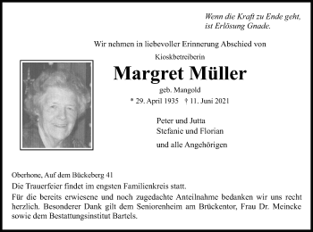 Traueranzeige von Margret Müller von WRS