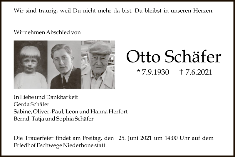  Traueranzeige für Otto Schäfer vom 19.06.2021 aus WRS