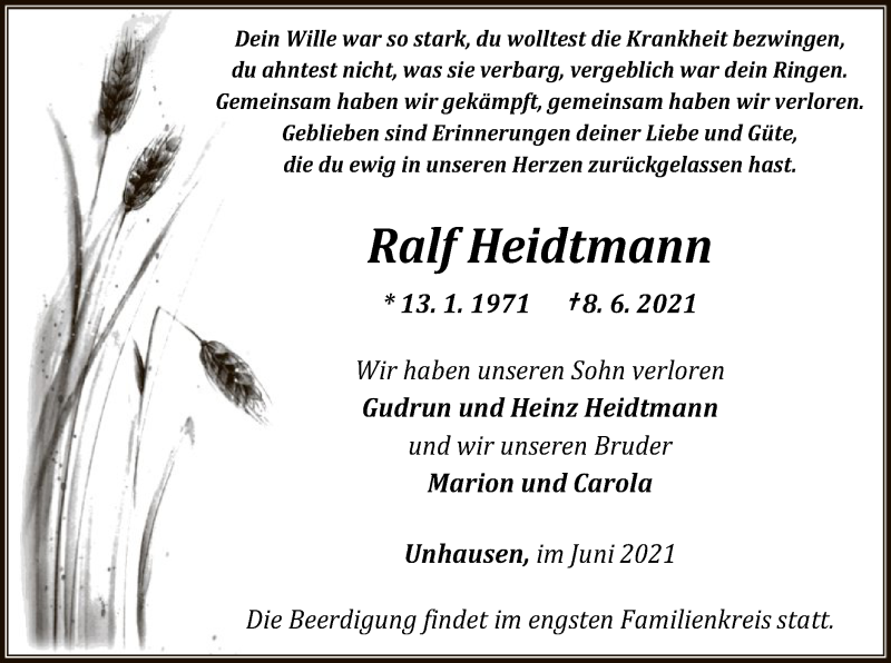  Traueranzeige für Ralf Heidtmann vom 11.06.2021 aus WRS