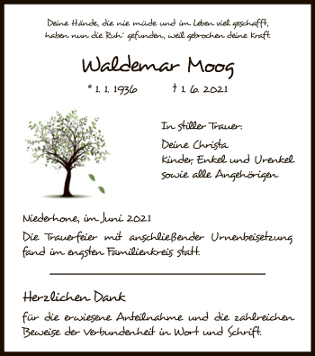 Traueranzeige von Waldemar Moog von WRS