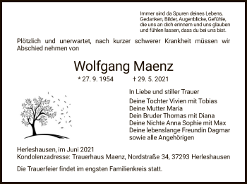 Traueranzeige von Wolfgang Maenz von WRS