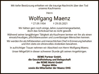 Traueranzeige von Wolfgang Maenz von WRS