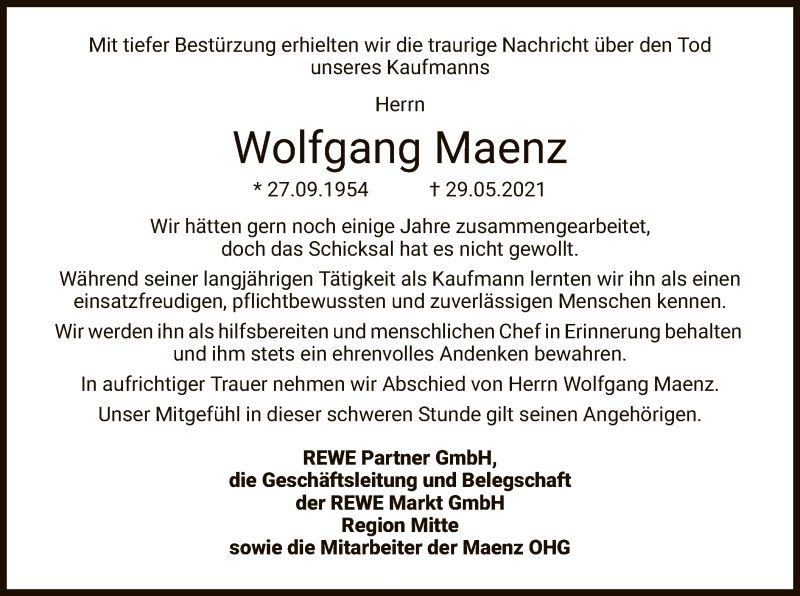  Traueranzeige für Wolfgang Maenz vom 05.06.2021 aus WRS