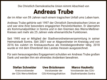 Traueranzeige von Andreas Trube von WRS