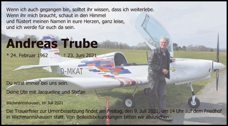  Traueranzeige für Andreas Trube vom 03.07.2021 aus WRS