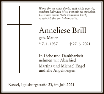 Traueranzeige von Anneliese Brill von WRS