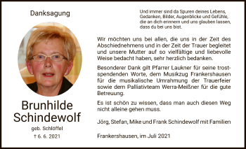 Traueranzeige von Brunhilde Schindewolf von WRS