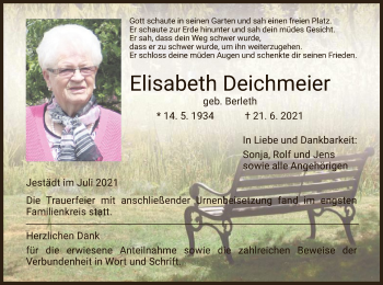 Traueranzeige von Elisabeth Deichmeier von WRS