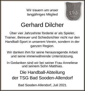 Traueranzeige von Gerhard Dilcher von WRS