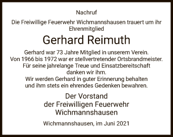 Traueranzeige von Gerhard Reimuth von WRS