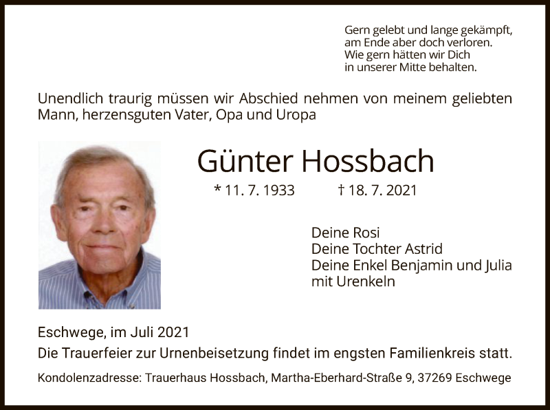  Traueranzeige für Günter Hossbach vom 21.07.2021 aus WRS