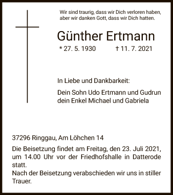 Traueranzeige von Günther Ertmann von WRS