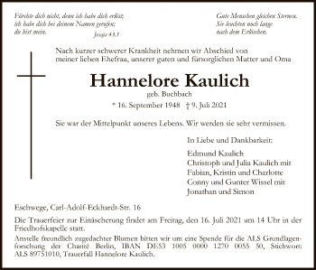 Traueranzeige von Hannelore Kaulich von WRS