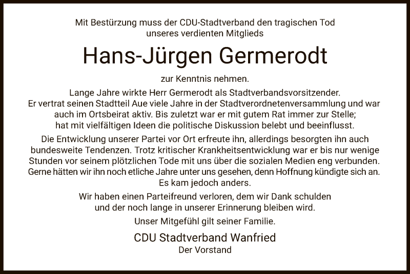  Traueranzeige für Hans-Jürgen Germerodt vom 23.07.2021 aus WRS