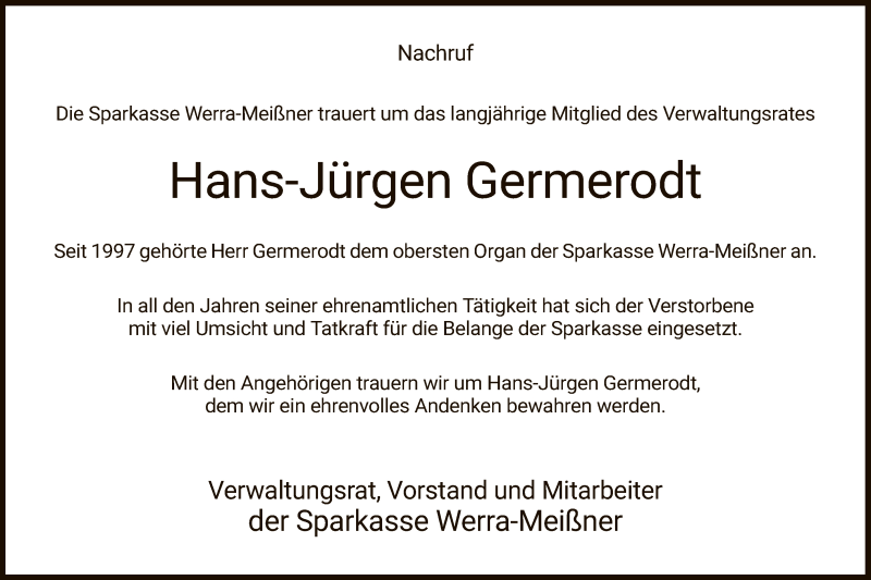  Traueranzeige für Hans-Jürgen Germerodt vom 24.07.2021 aus WRS