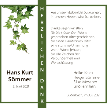 Traueranzeige von Hans Kurt Sömmer von WRS