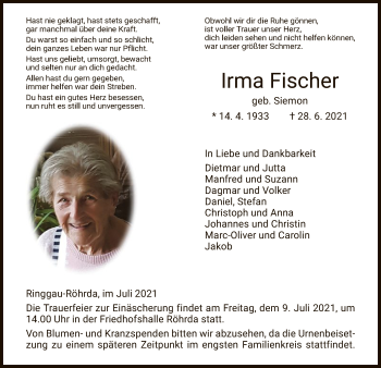 Traueranzeige von Irma Fischer von WRS