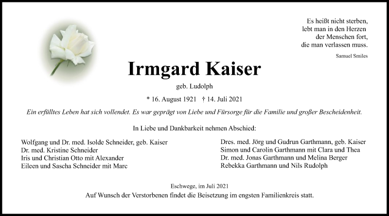  Traueranzeige für Irmgard Kaiser vom 24.07.2021 aus WRS