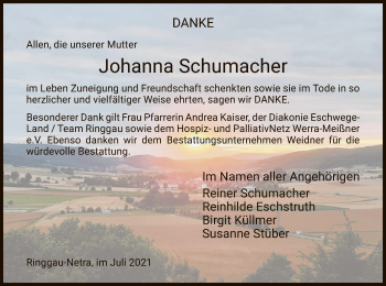 Traueranzeige von Johanna Schumacher von WRS