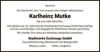 Traueranzeige von Karlheinz Mutke von WRS