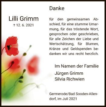 Traueranzeige von Lilli Grimm von WRS