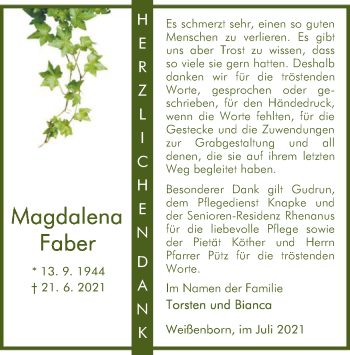 Traueranzeige von Magdalena Faber von WRS