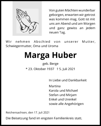 Traueranzeige von Marga Huber von WRS