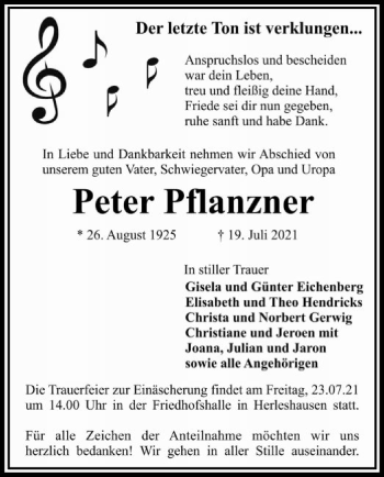 Traueranzeige von Peter Pflanzner von WRS