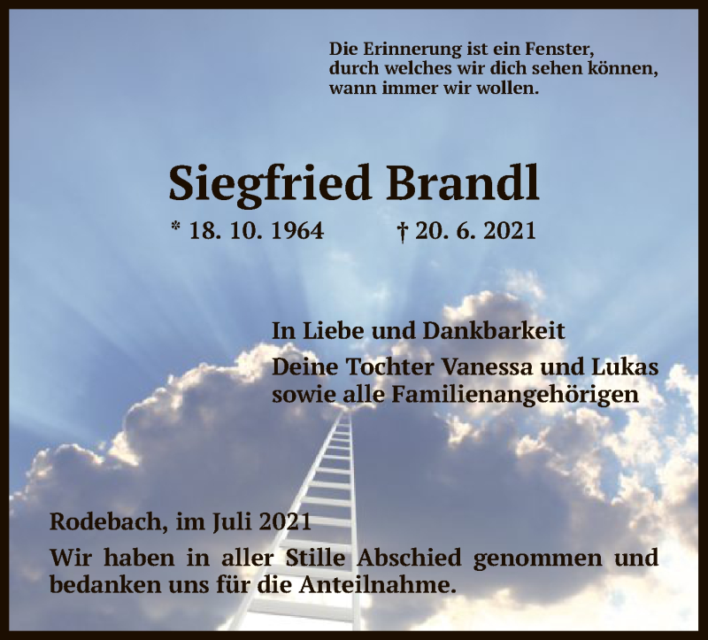  Traueranzeige für Siegfried Brandl vom 19.07.2021 aus WRS