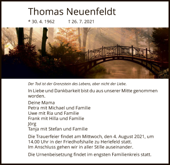 Traueranzeige von Thomas Neuenfeldt von WRS