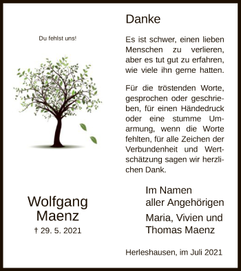 Traueranzeige von Wolfgang Maenz von WRS