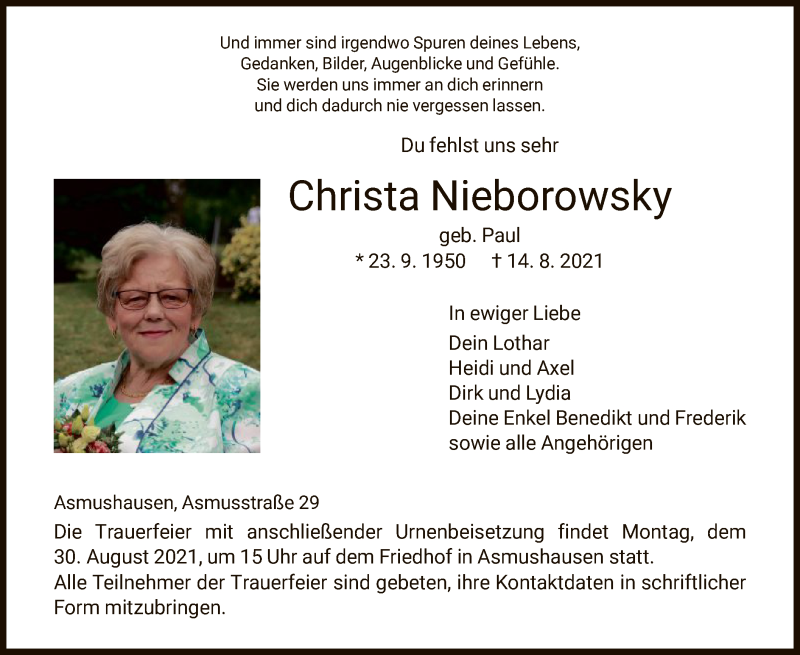  Traueranzeige für Christa Nieborowsky vom 21.08.2021 aus HNA
