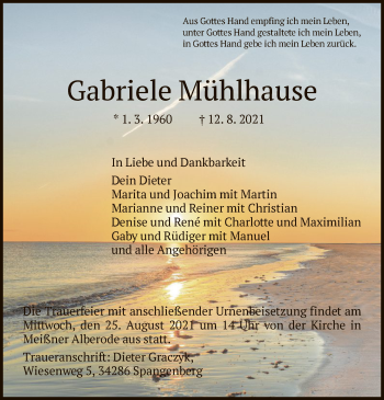 Traueranzeige von Gabriele Mühlhause von HNA