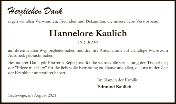 Traueranzeige von Hannelore Kaulich von WRS