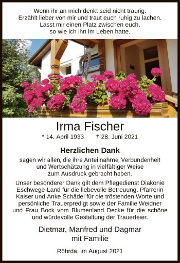 Traueranzeige von Irma Fischer von WRS