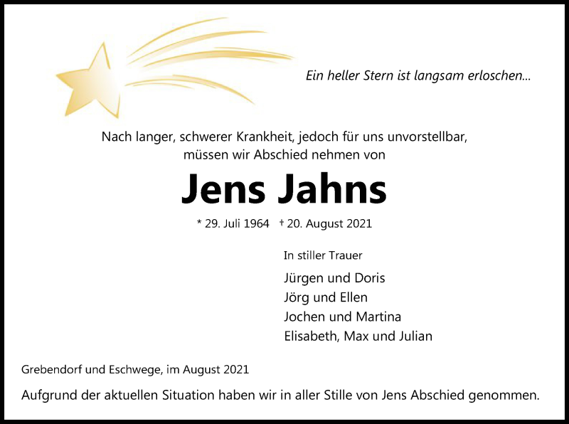  Traueranzeige für Jens Jahns vom 30.08.2021 aus WRS
