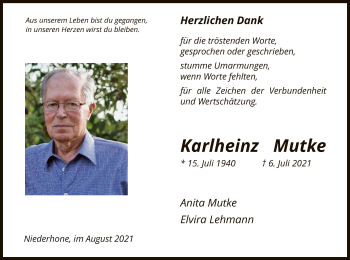 Traueranzeige von Karlheinz Mutke von WRS