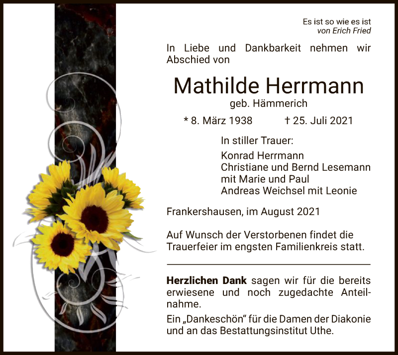  Traueranzeige für Mathilde Herrmann vom 20.08.2021 aus WRS