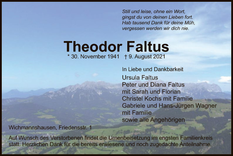  Traueranzeige für Theodor Faltus vom 21.08.2021 aus WRS