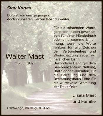 Traueranzeige von Walter Mast von WRS