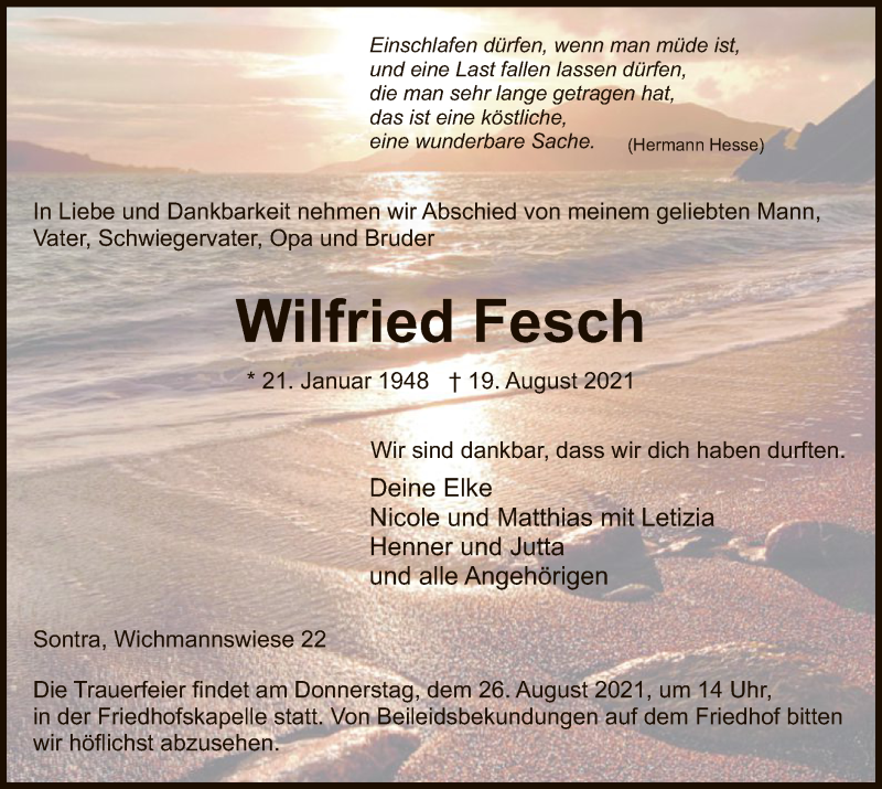  Traueranzeige für Wilfried Fesch vom 24.08.2021 aus WRS